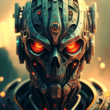 Robot Cyborg Head Machine Metal Future Science modern. A cybernetic robot's skull head in dark metallic material, featuring glowing eyes and a futuristic design against a uniformly dark backdrop
