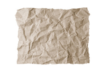 Brown crumpled rectangle sheet of paper with torn edge isolated on white, transparent background,...