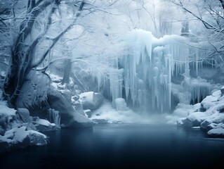 Frozen waterfall in a winter forest - obrazy, fototapety, plakaty