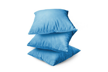 Stack of blue pillows isolated on white, transparent background, PNG. Pile of  decorative cushions for sleeping and resting, home interior, house decor.