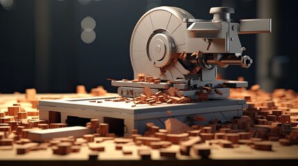 wood cutting machine, a composition or scene in a minimalist modern style, focusing on the intricate details and efficiency of the machinery.