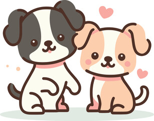 Two cute cartoon dogs sitting, one black and white, the other tan and white. Happy puppies looking friendly, love hearts in background vector illustration.