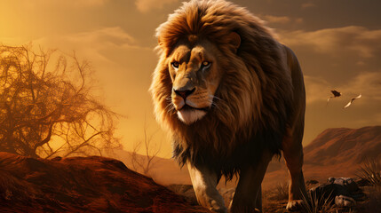lion on the hunt, wild lion, lion in svannah,lion