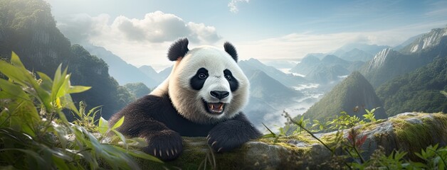 a playful and happy panda in China, the joy and essence of this iconic creature against a...