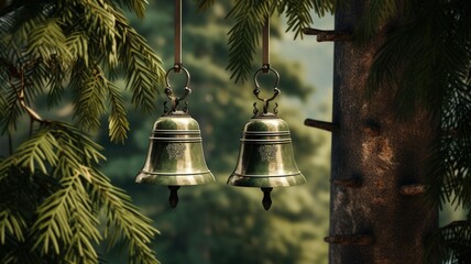 metal Orthodox church bells, a bottom view of the church bells against a background of green pine branches, emphasize the beauty and simplicity of the religious elements. - obrazy, fototapety, plakaty