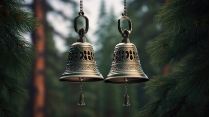 metal Orthodox church bells, a bottom view of the church bells against a background of green pine branches, emphasize the beauty and simplicity of the religious elements. - obrazy, fototapety, plakaty