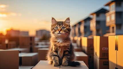 Adorable Domestic Cat Sitting on a box and Looking at Camera. Generative AI - obrazy, fototapety, plakaty