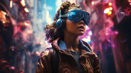 Fototapeta premium A young woman in the metaverse, wearing a VR headset background in an imaginary future city. Generative AI