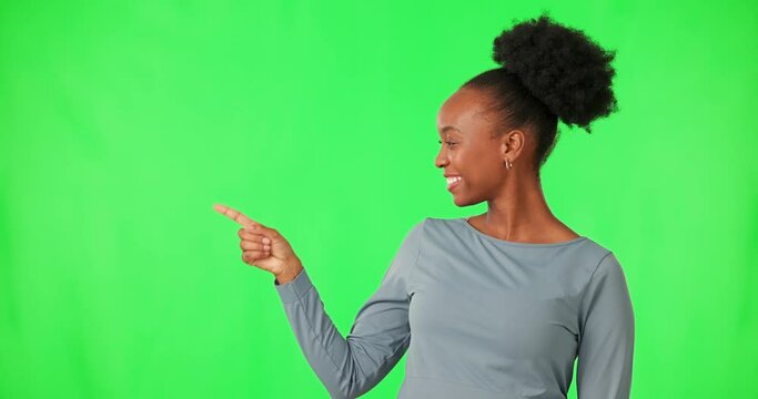 Woman, green screen and presentation, thumbs up or pointing to information, list and steps mockup in studio. Face of african person for announcement or advice with like emoji, yes and ok hand sign