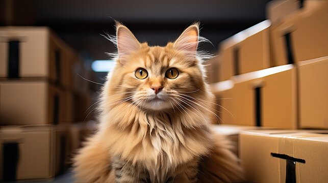 Curious ginger domestic cat near the  cardboard boxes, looking at camera. Generative AI