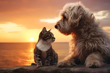 Cat and Dog - Friendship at Sunset