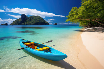 Kayak on the tropical white sand beach with transparent sea on sunny day - obrazy, fototapety, plakaty