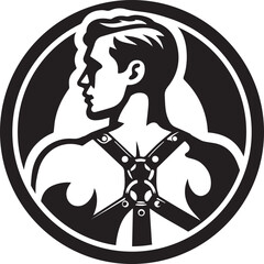 Gay guy in a leather harness. Round graphic symbol (Vector graphics) - obrazy, fototapety, plakaty