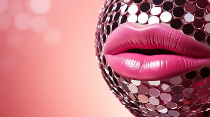 Female face lips disco ball on pink background. Colorful banner in pop art style for sale advertisement. Generative AI