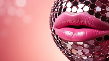 Fotobehang Female face lips disco ball on pink background. Colorful banner in pop art style for sale advertisement. Generative AI © anna