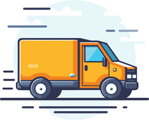 A yellow delivery truck is swiftly moving along the road in this vector illustration.