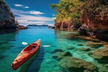 Naklejka na ściany i meble Kayak on the tropical white sand beach with transparent sea on sunny day