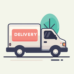 Delivery van on the road with trees in background. White truck with red DELIVERY sign on side. Online shopping and fast transport service vector illustration.
