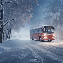 Fototapeta na wymiar Bus on the road in the winter city at night under snowfall