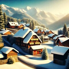 Snow Village Mountain Tree Landscape Winter mountain. A serene winter village nestled in a snow-covered valley surrounded by snow-capped mountains. Charming houses of varying sizes and shapes create a