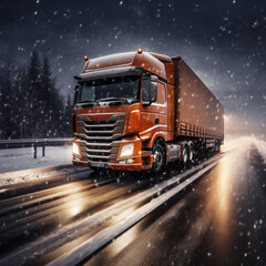 Truck on winter road with snow and fog.