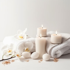 Fototapeta na wymiar Light beautiful spa composition with towels, white burning candles, orchid flowers on beige background. Advertising concept
