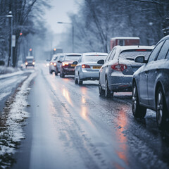 Traffic on a winter road with heavy snowfall in the city.