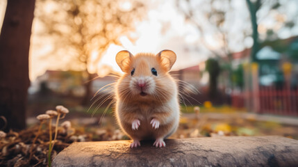 cute golden hamster standing on a rock outdoors with a soft-focus background at sunset.