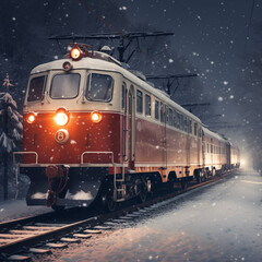 Obraz premium Train on the background of a winter landscape. Railway station in the snow.