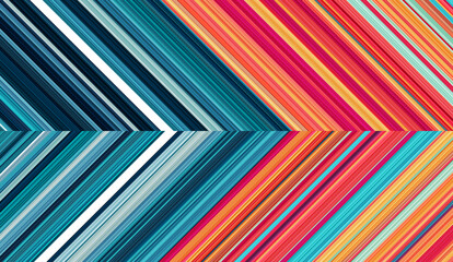 Detailed holographic striped dual geometric pattern composed of big amount of thin pink, blue and orange stripes.