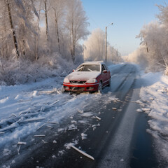 Car accident on the road in winter. Car collision on a snowy road