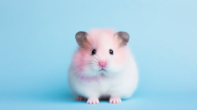 fluffy white and pink hamster facing forward with a soft blue background.