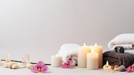 Beautiful spa banner with composition of towels, white burning candles, purple orchid flowers, grey...