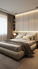 Cozy and comfortable room with beige color. Vertical photo