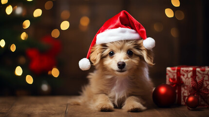 Fototapeta na wymiar Cutie dog wearing a Christmas hat