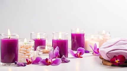 Obraz na płótnie Canvas Beautiful banner with composition of towels, white burning candles, purple orchid flowers, grey stones on light background. Spa salon concept. Copy space for text, advertising