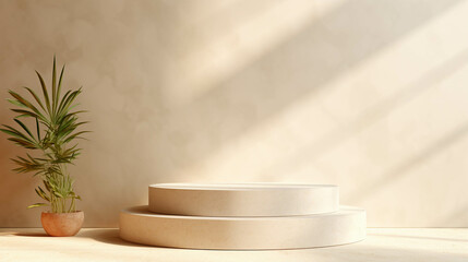 Product podium in light beige color with sun light coming in 