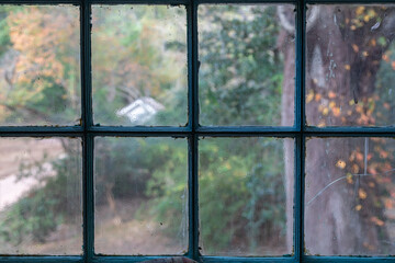 Looking Through the Hazy Glass of an Antique Wood Paned Window Onto the Grounds of an Old Plantation in Louisiana