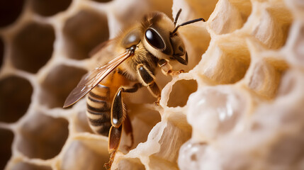 Gros plan sur une jeune abeille dans une ruche qui vient juste de naître. - obrazy, fototapety, plakaty