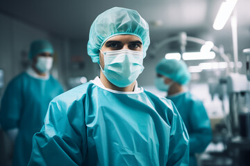 medic in a surgical suit and mask against the background of the operating room