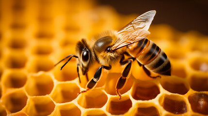 Une jeune abeille posée sur les alvéoles d'une ruche. - obrazy, fototapety, plakaty