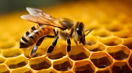 Une jeune abeille sur un rayon avec des alvéoles pleines de miel dans une ruche. - obrazy, fototapety, plakaty