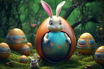 Tech-based Easter bunny & eggs. Generative AI