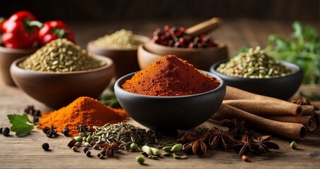 A rustic kitchen countertop with a wooden spoon on either side, each holding a medley of aromatic spices like cumin, coriander, and paprika, -Generative Ai