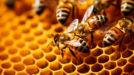 Des abeilles actives qui travaillent sur un rayon plein de miel dans une ruche. - obrazy, fototapety, plakaty