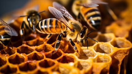 Gros plan sur des abeilles dans une ruche. - obrazy, fototapety, plakaty