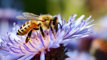Une abeille se nourrit sur les étamines violettes d'une fleur.
