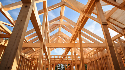L'intérieur d'une charpente de maison en bois en construction.