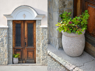 Fototapeta na wymiar Beautiful wooden door and green plant in a stone pot.