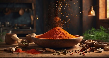 A surreal digital art piece where the rustic kitchen countertop transforms into a canvas, wooden spoons holding levitating spices -Generative Ai